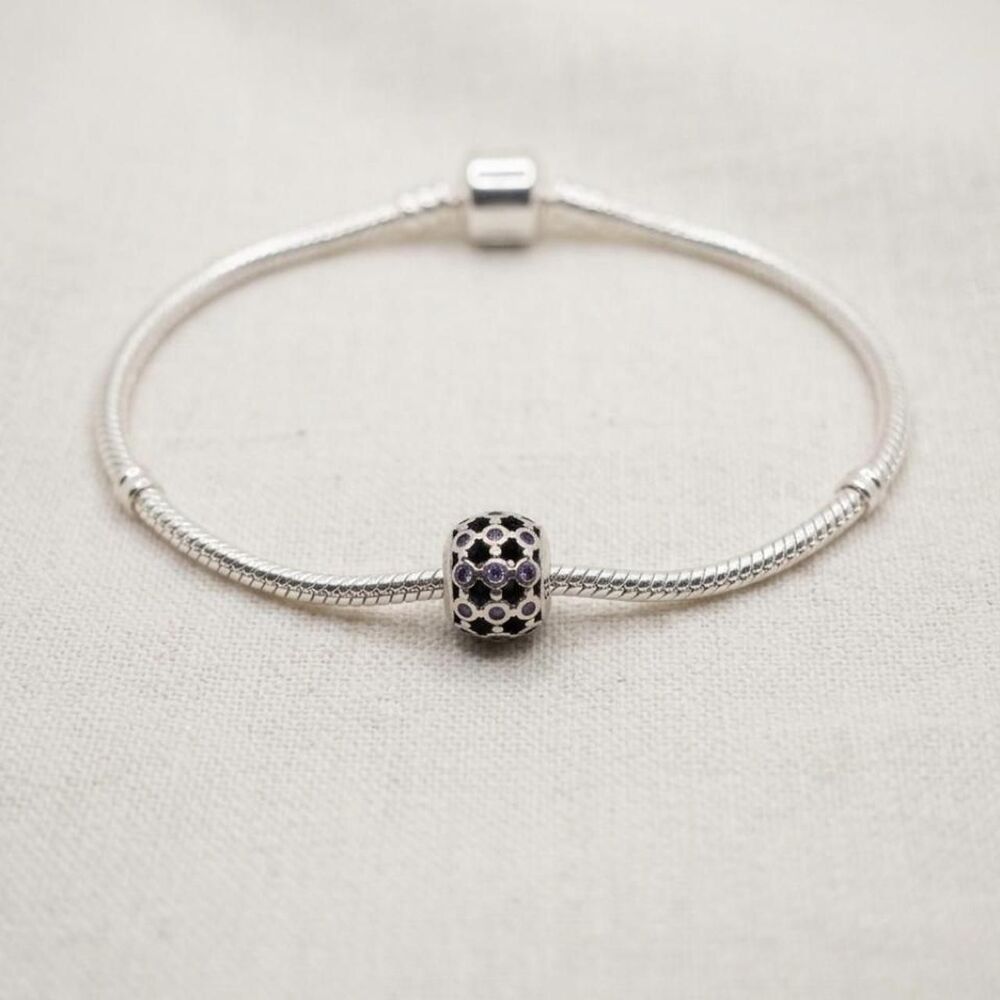 925 Sterling Silver Purple CZ Filigree Openwork Bead Charm